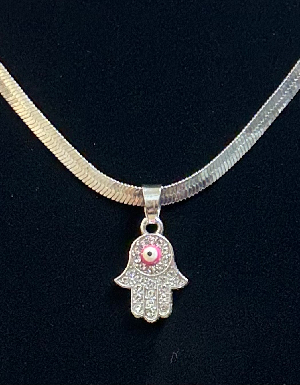 Rhinestone Hamsa Hand w/Pink evil eye Necklace
