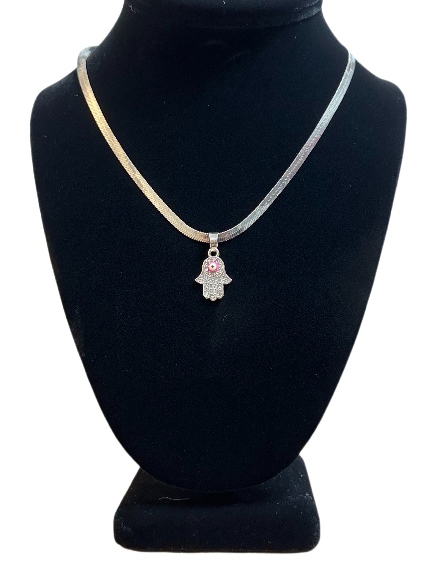 Rhinestone Hamsa Hand w/Pink evil eye Necklace