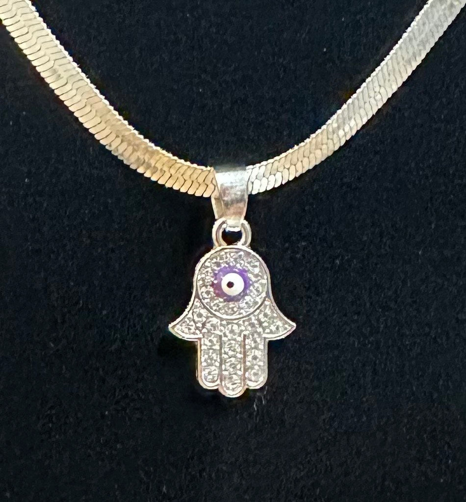 Rhinestone Hamsa Hand w/ Purple evil eye Necklace