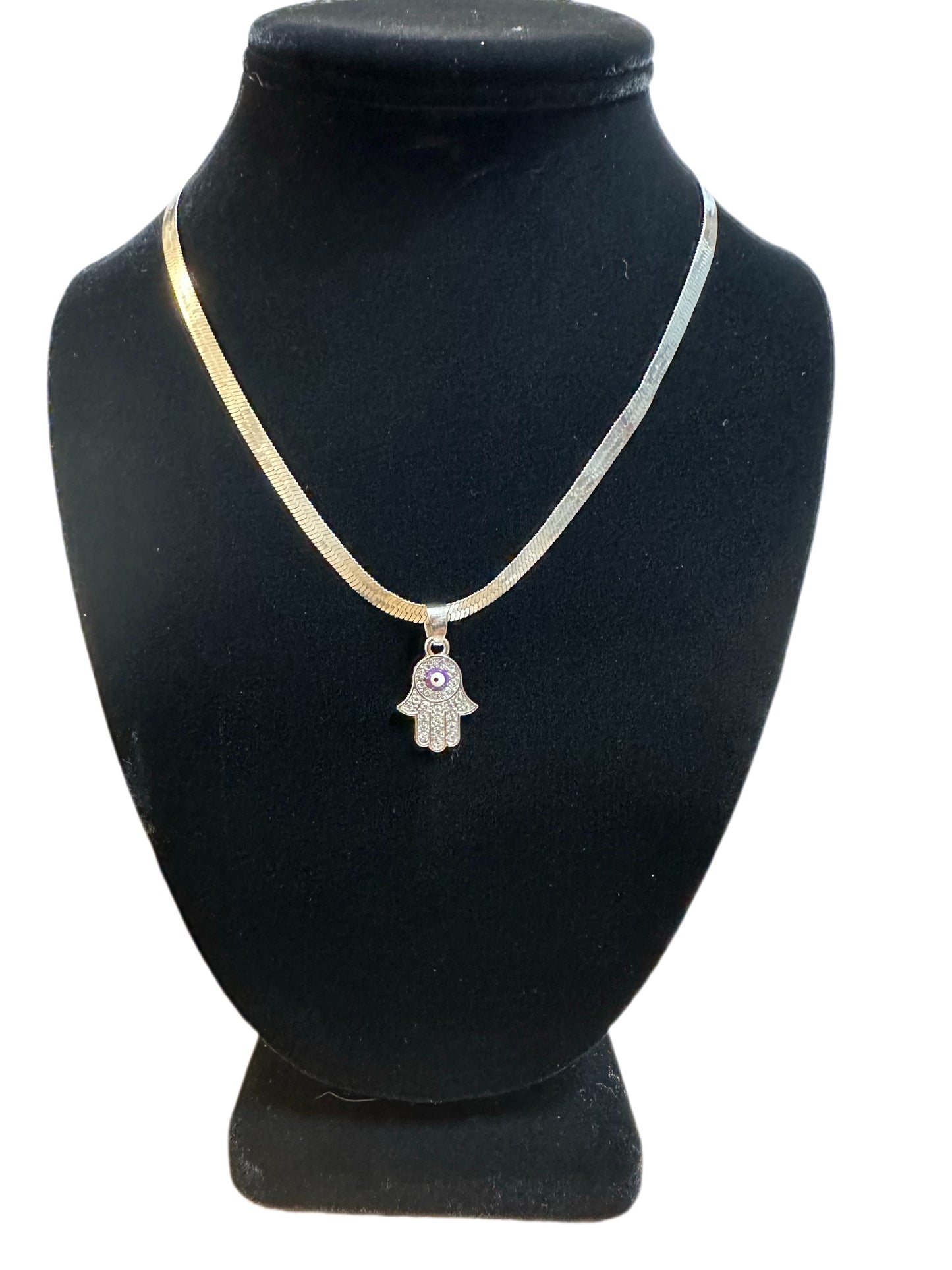 Rhinestone Hamsa Hand w/ Purple evil eye Necklace