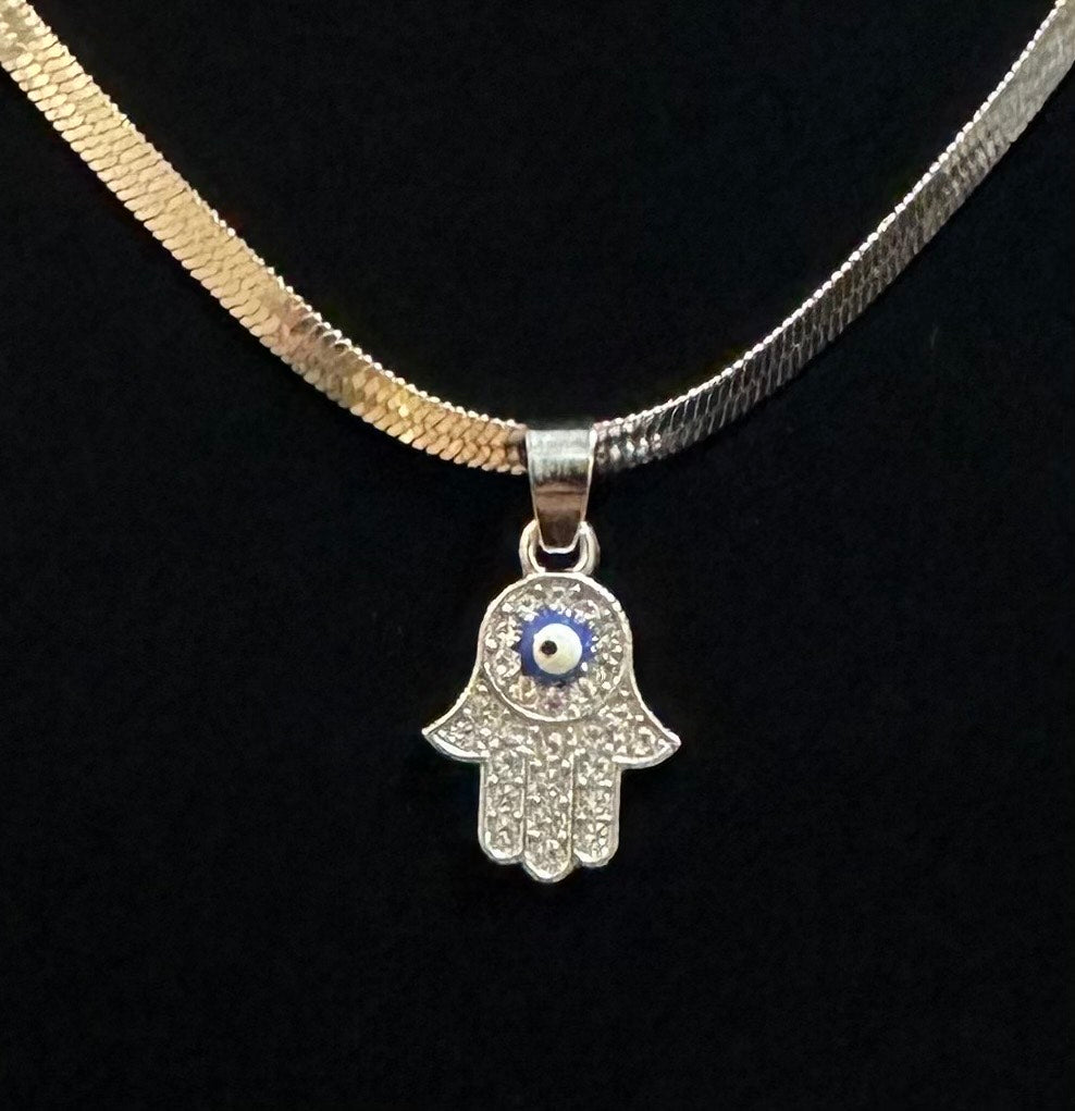 Rhinestone Hamsa Hand w/blue evil eye Necklace