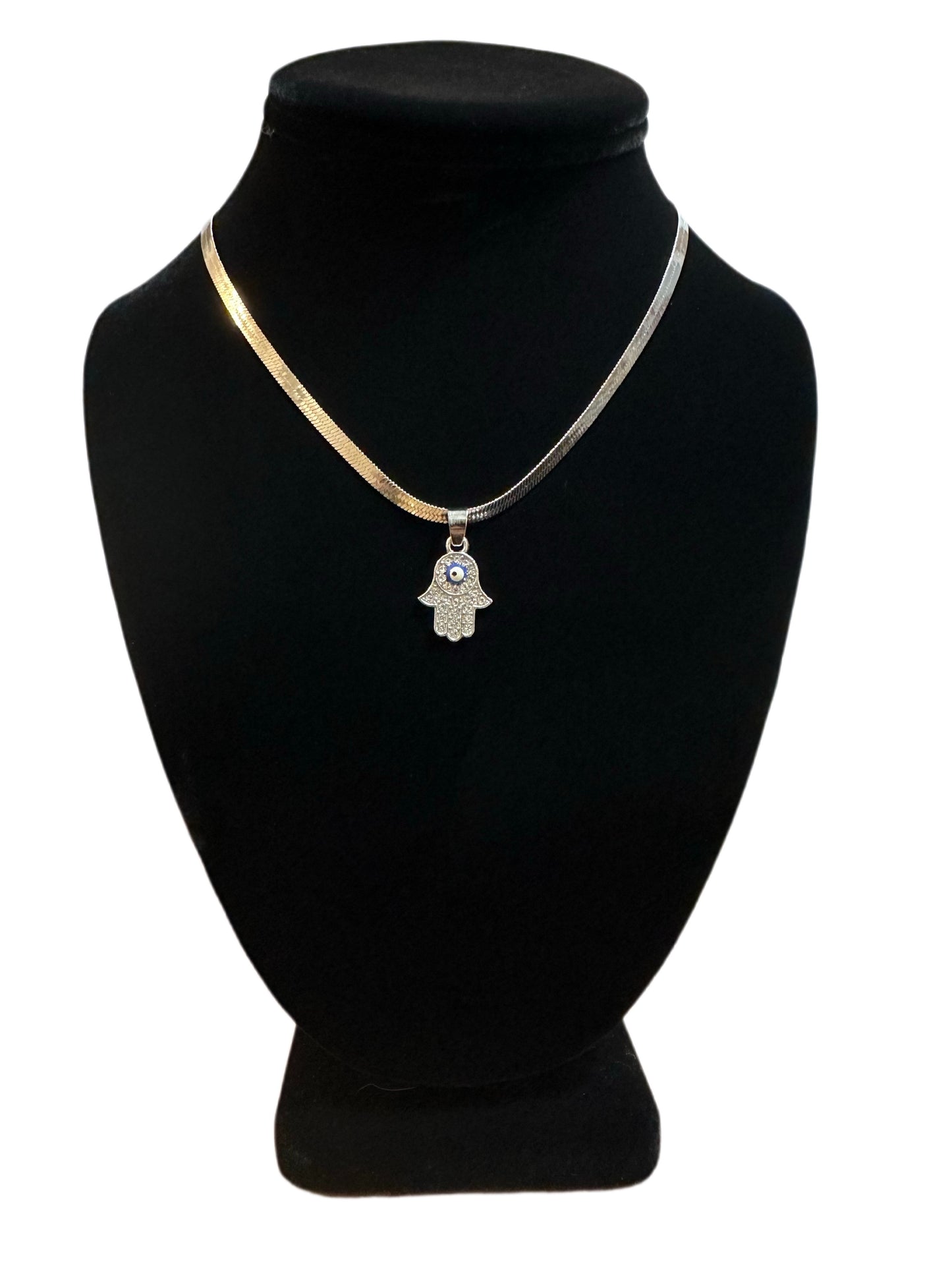 Rhinestone Hamsa Hand w/blue evil eye Necklace