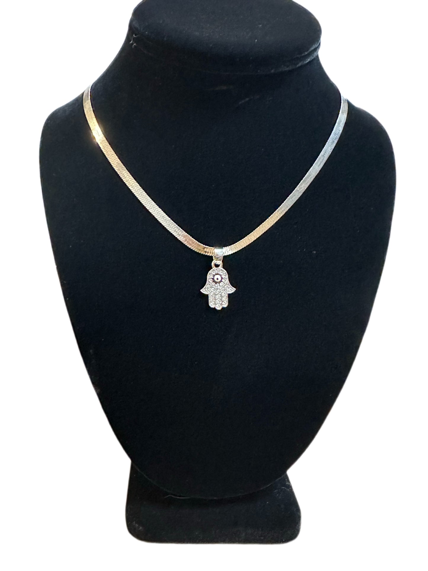 Rhinestone Hamsa Hand w/ black evil eye Necklace