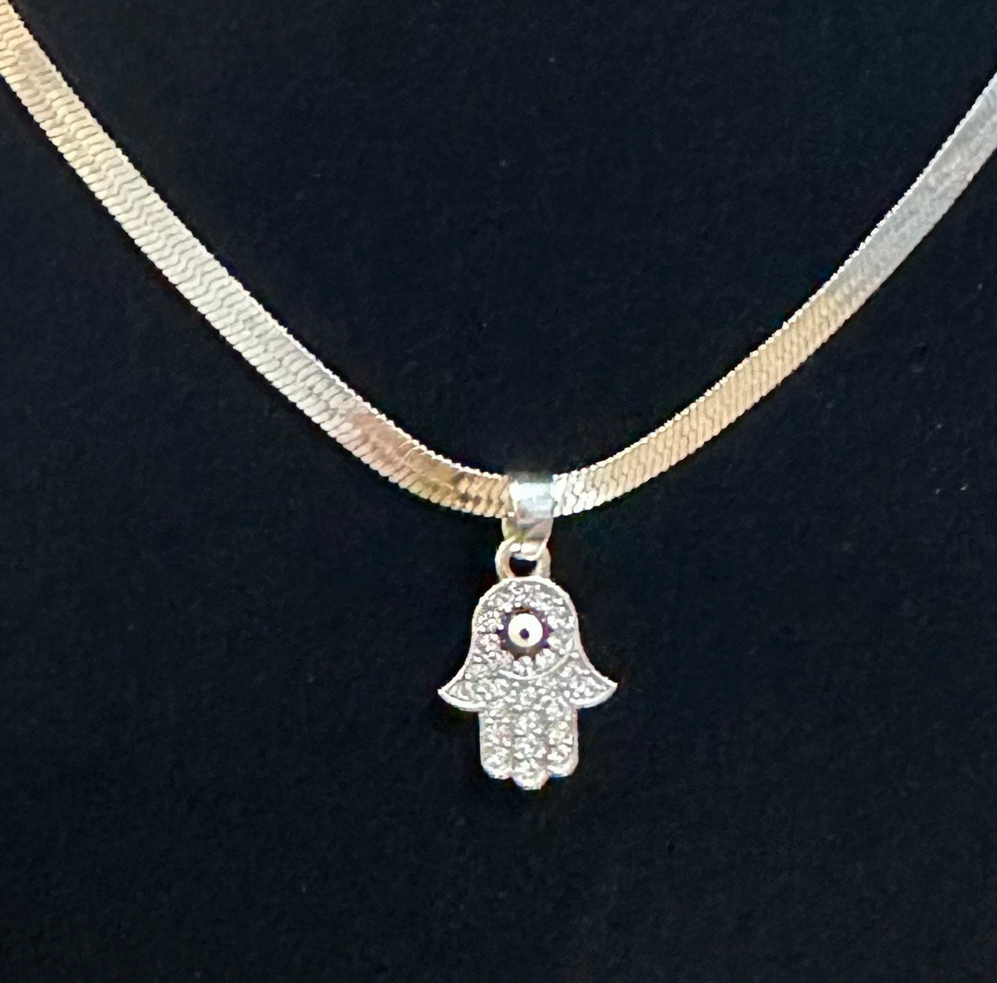 Rhinestone Hamsa Hand w/ black evil eye Necklace