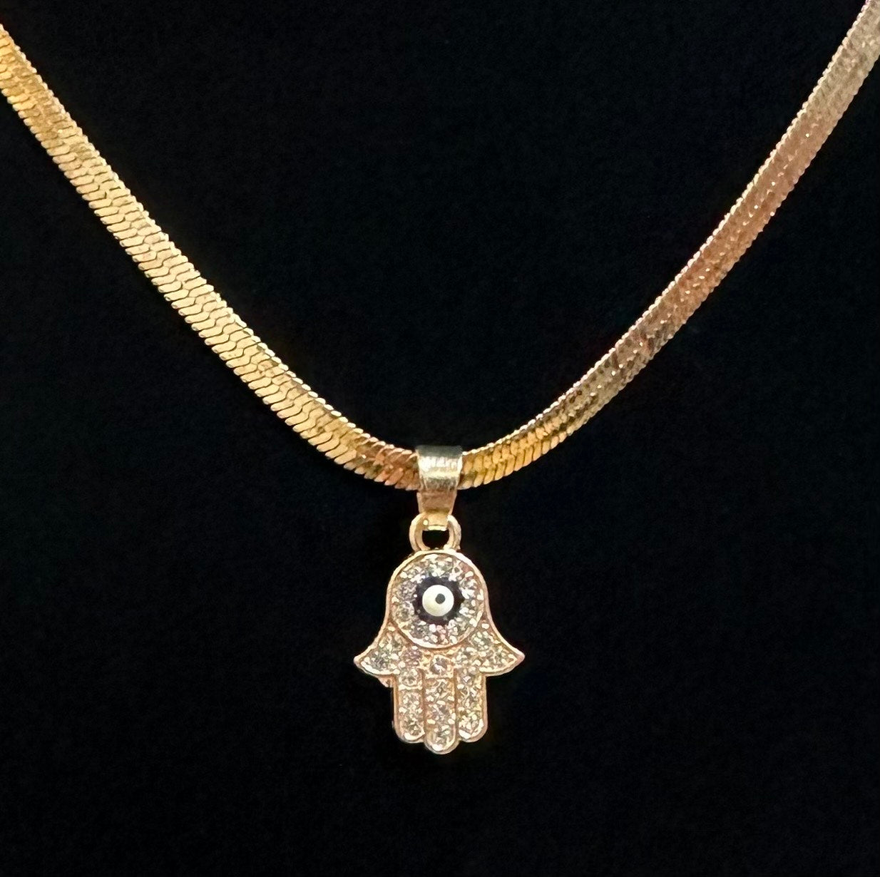 Rhinestone Hamsa Hand w/ black evil eye Necklace