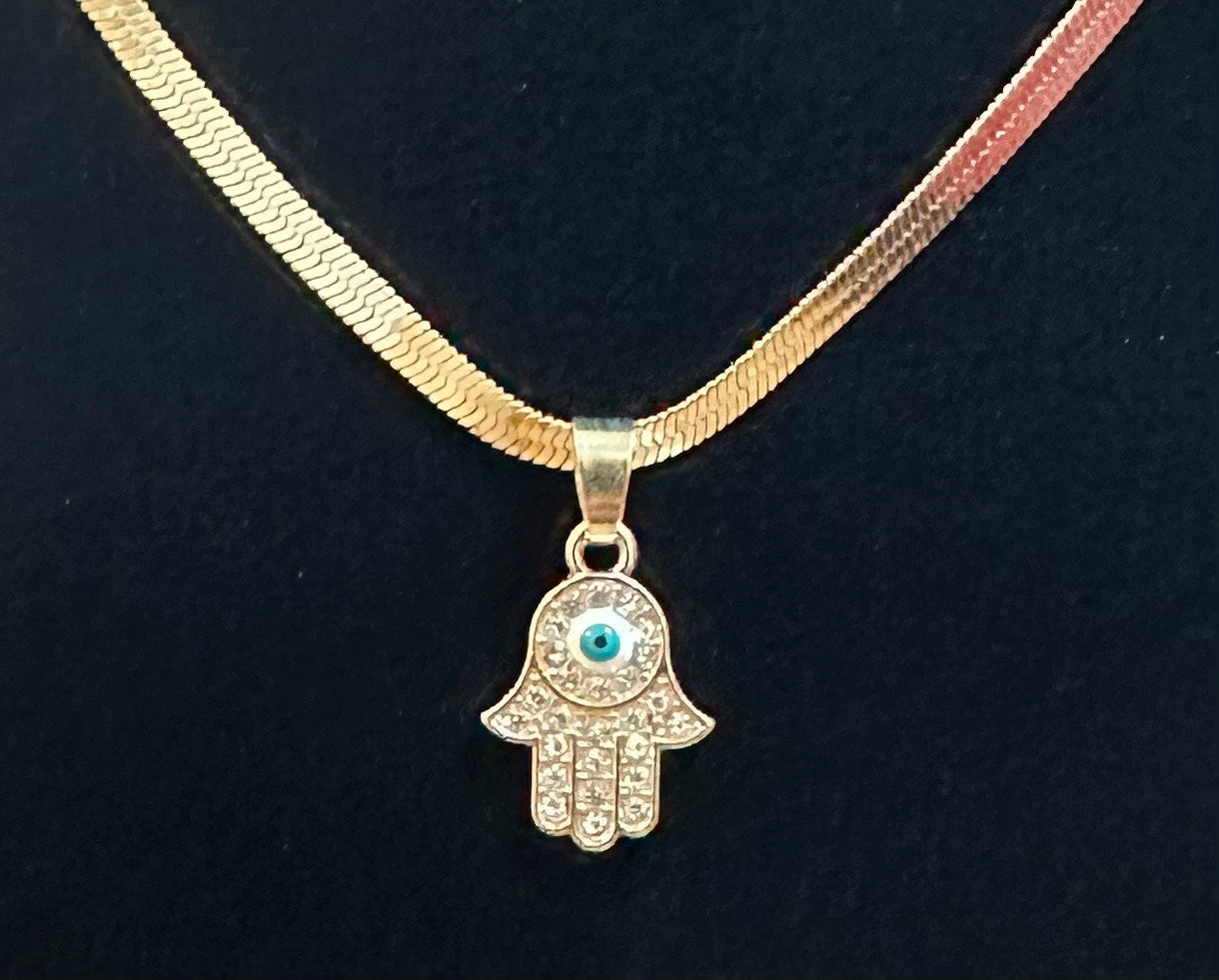Rhinestone Hamsa Hand w/ white evil eye Necklace