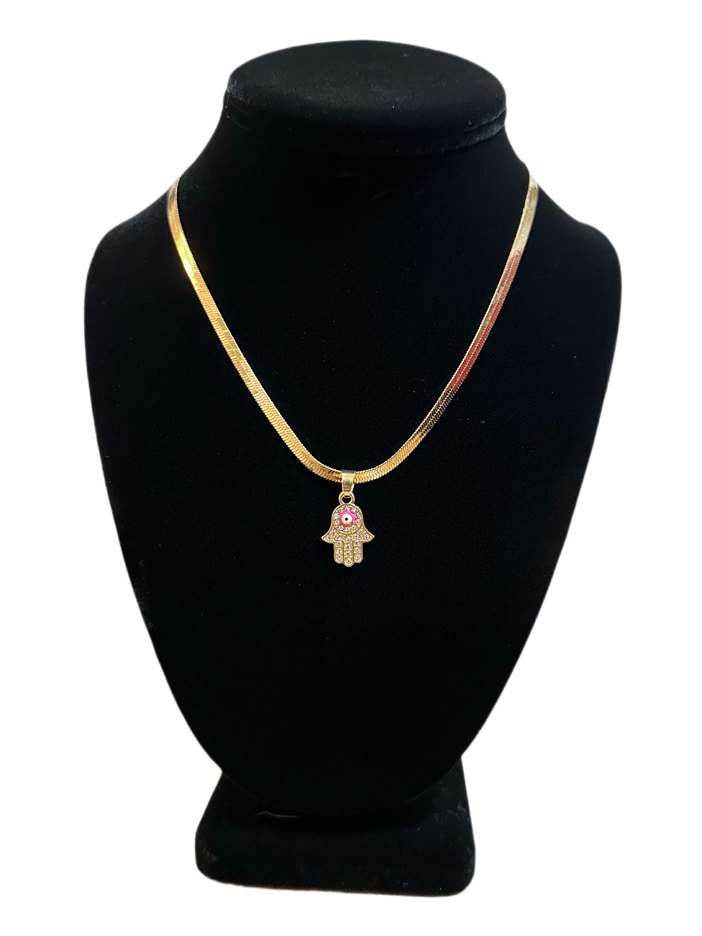 Rhinestone Hamsa Hand w/Pink evil eye Necklace