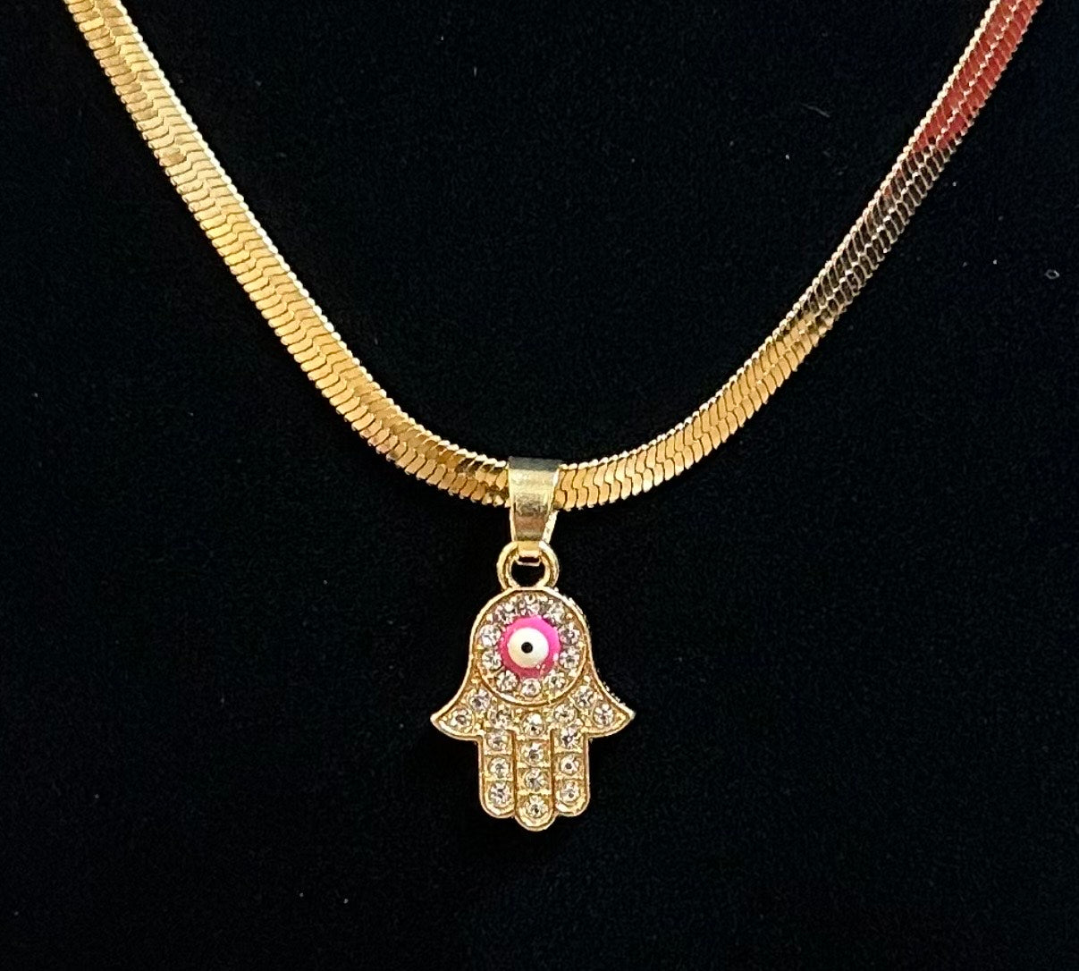 Rhinestone Hamsa Hand w/Pink evil eye Necklace