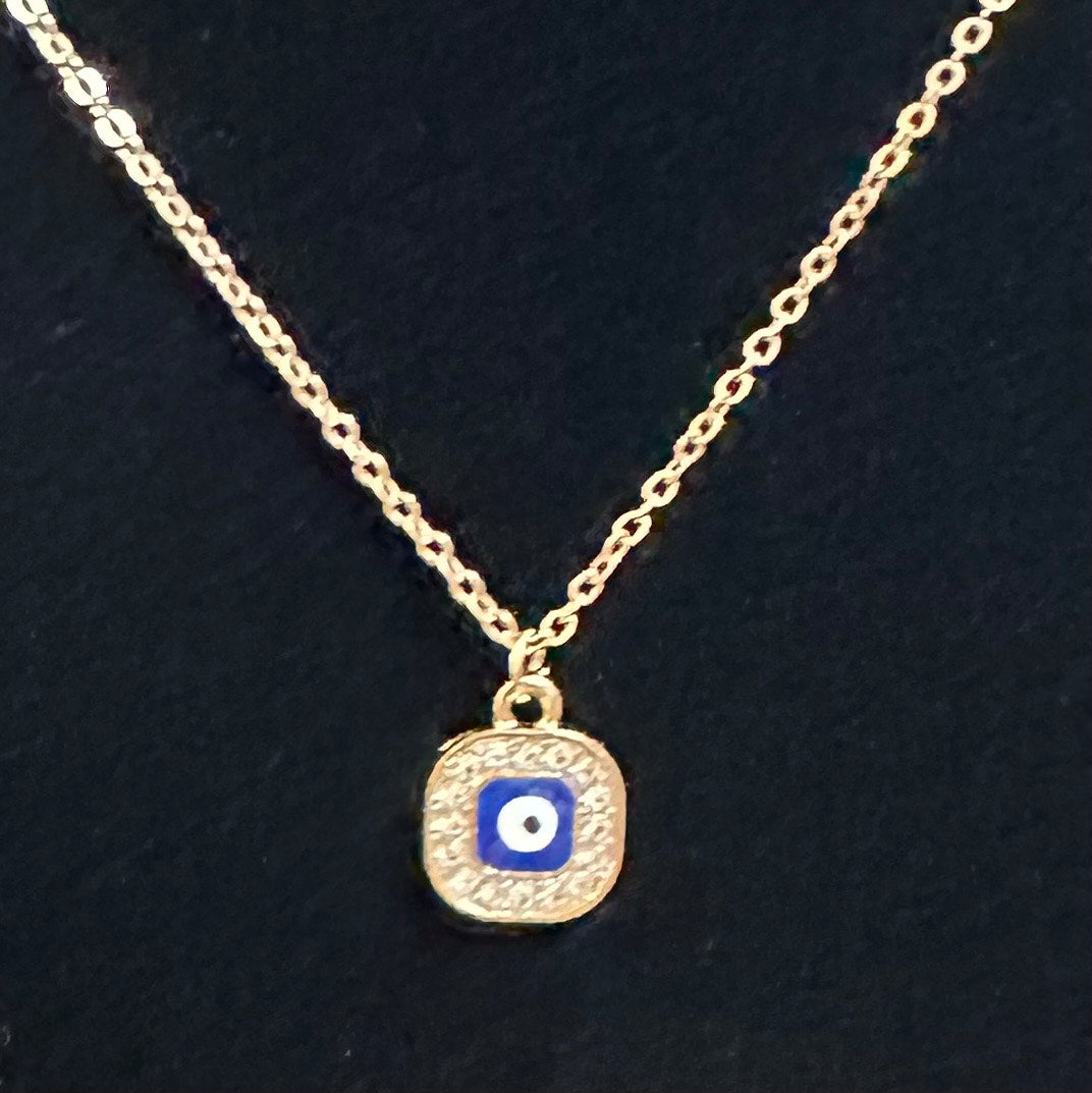 Square Rhinestone Blue Evil Eye Necklace