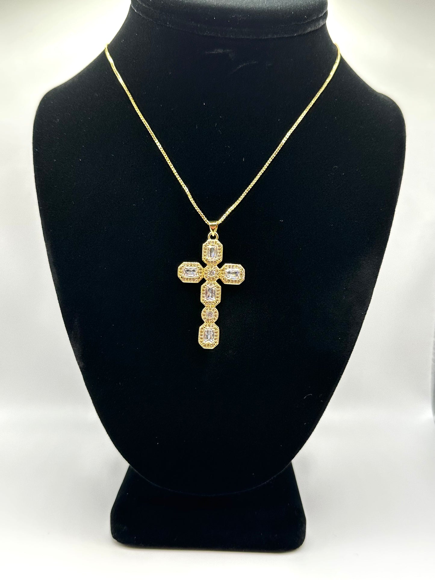 Clear Rhinestone Cross Necklace (18k gold plated)