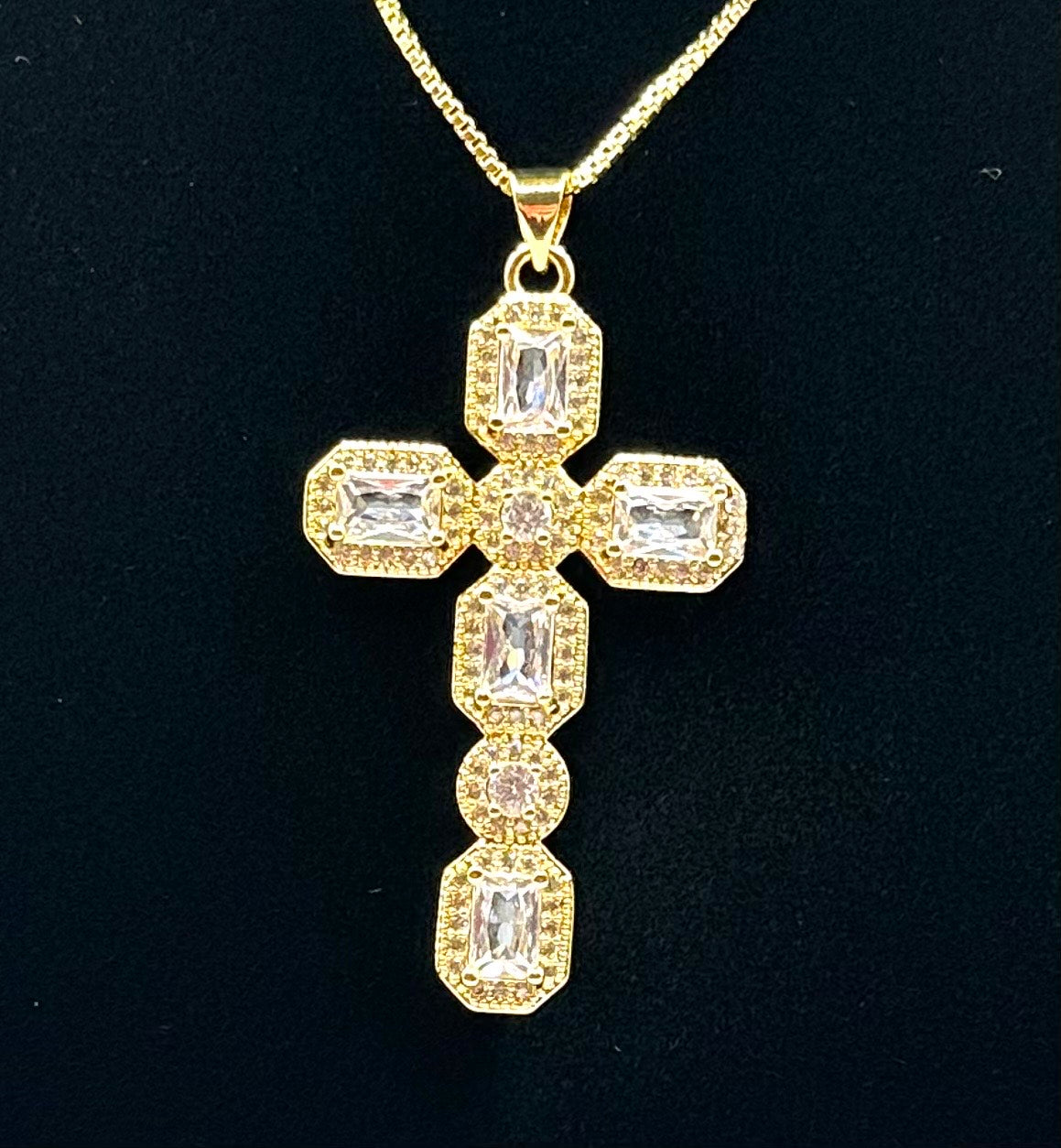 Clear Rhinestone Cross Necklace (18k gold plated)