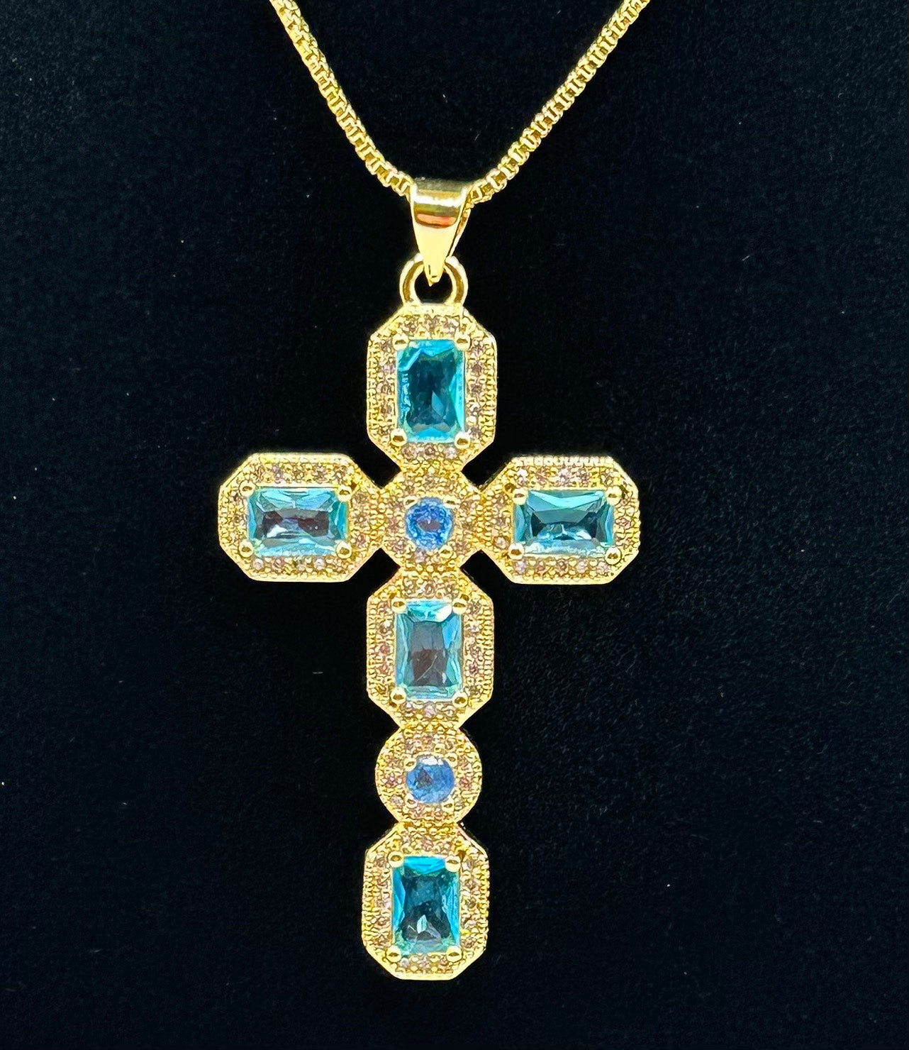 Baby Blue Rhinestone Cross Necklace(18k gold plated)