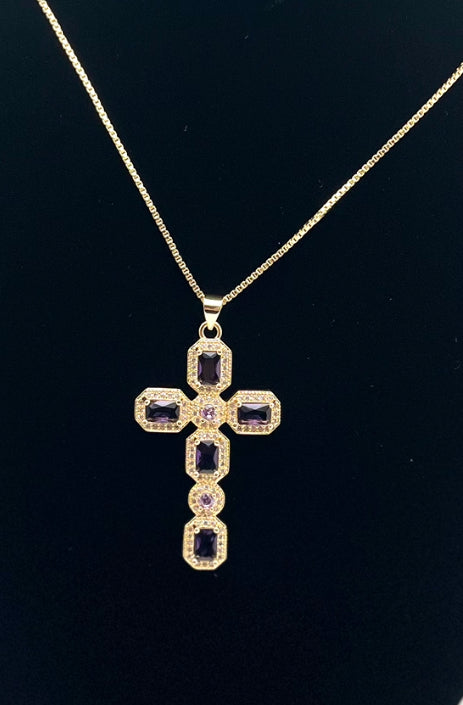 Purple Rhinestone Cross Necklace (18k gold plated)