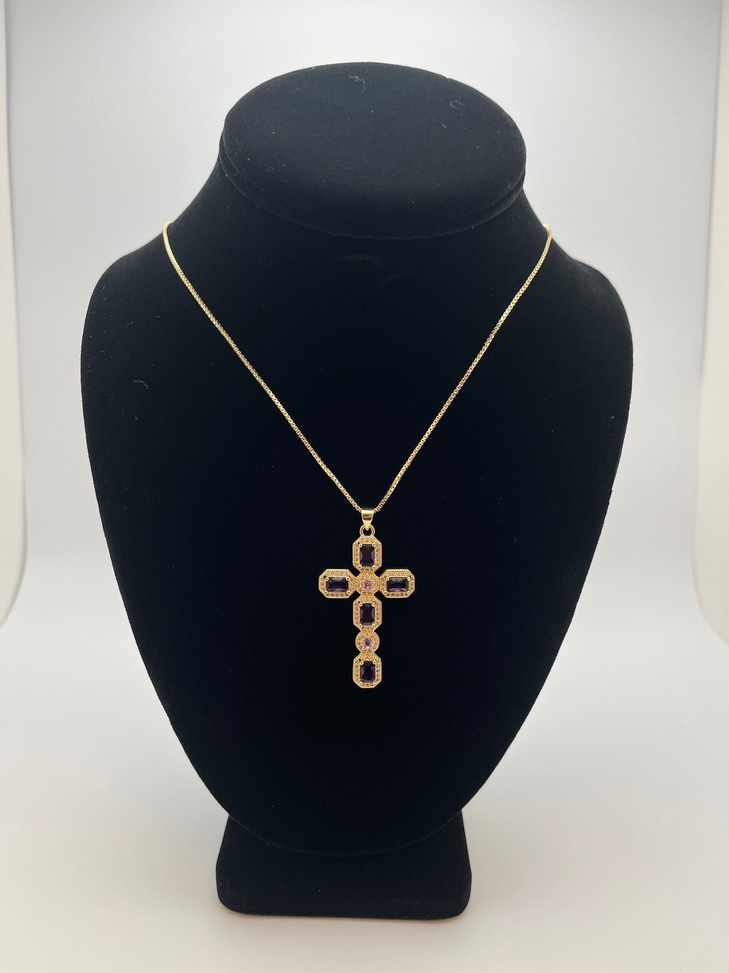 Purple Rhinestone Cross Necklace (18k gold plated)