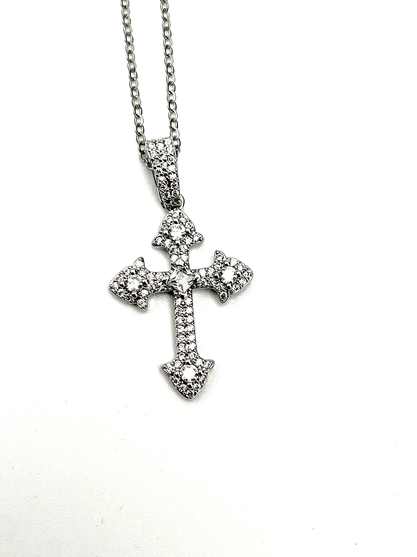 Vintage style Silver Rhinestone cross Necklace