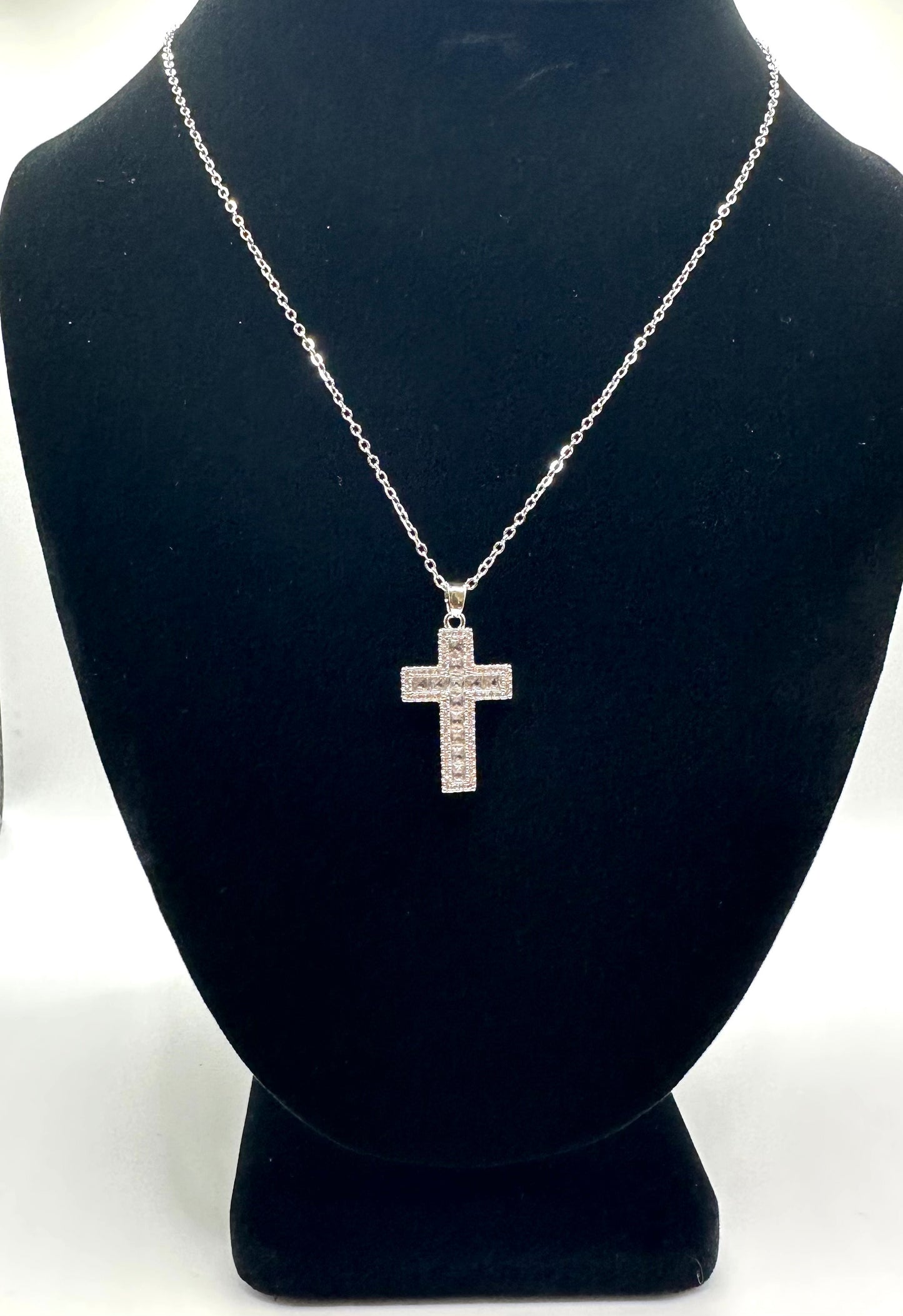 Silver Rhinestone Bling Cross Necklace
