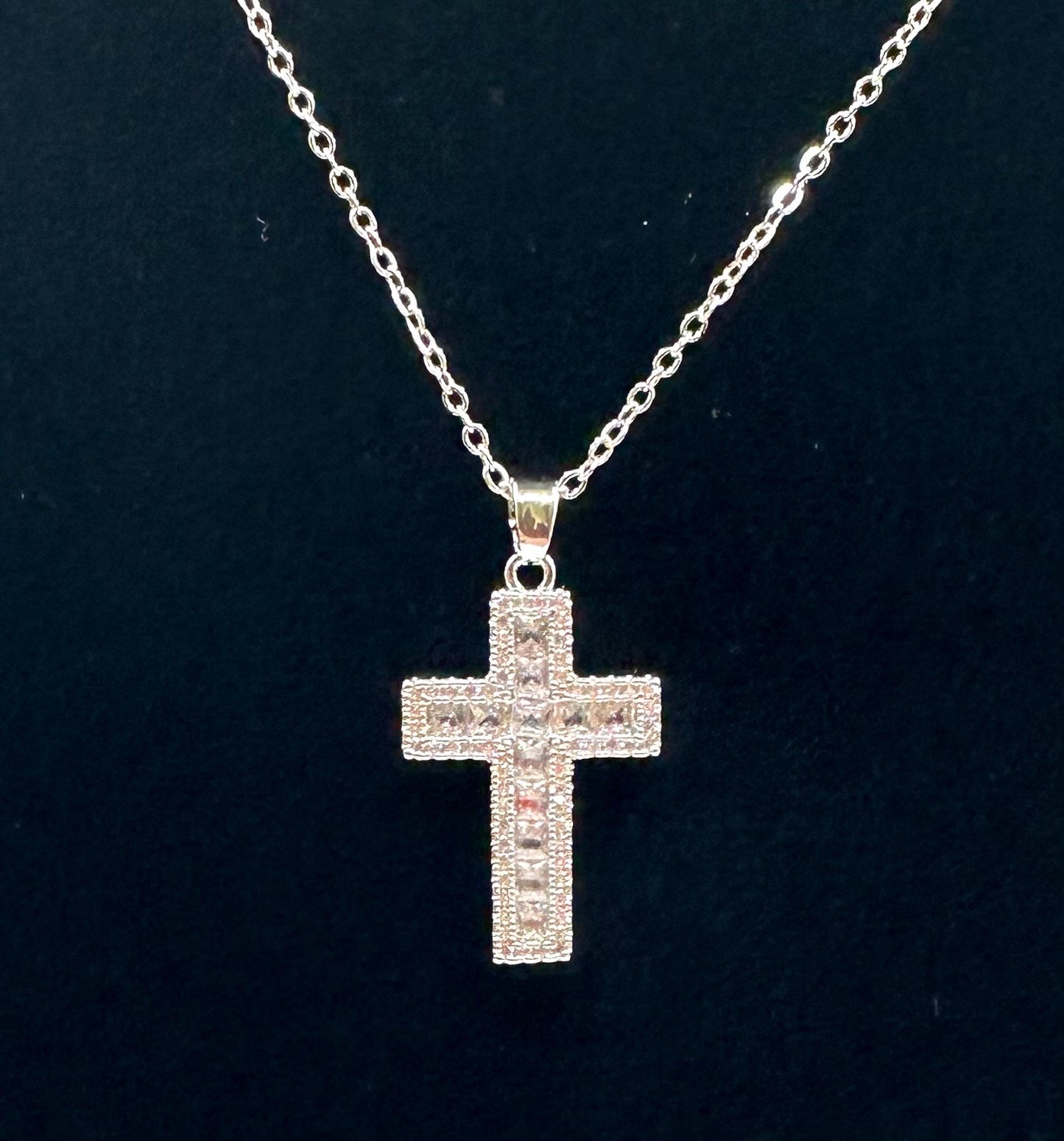 Silver Rhinestone Bling Cross Necklace