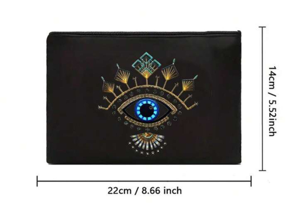 Evil eye Black Linen Purse w/ Make up Bag