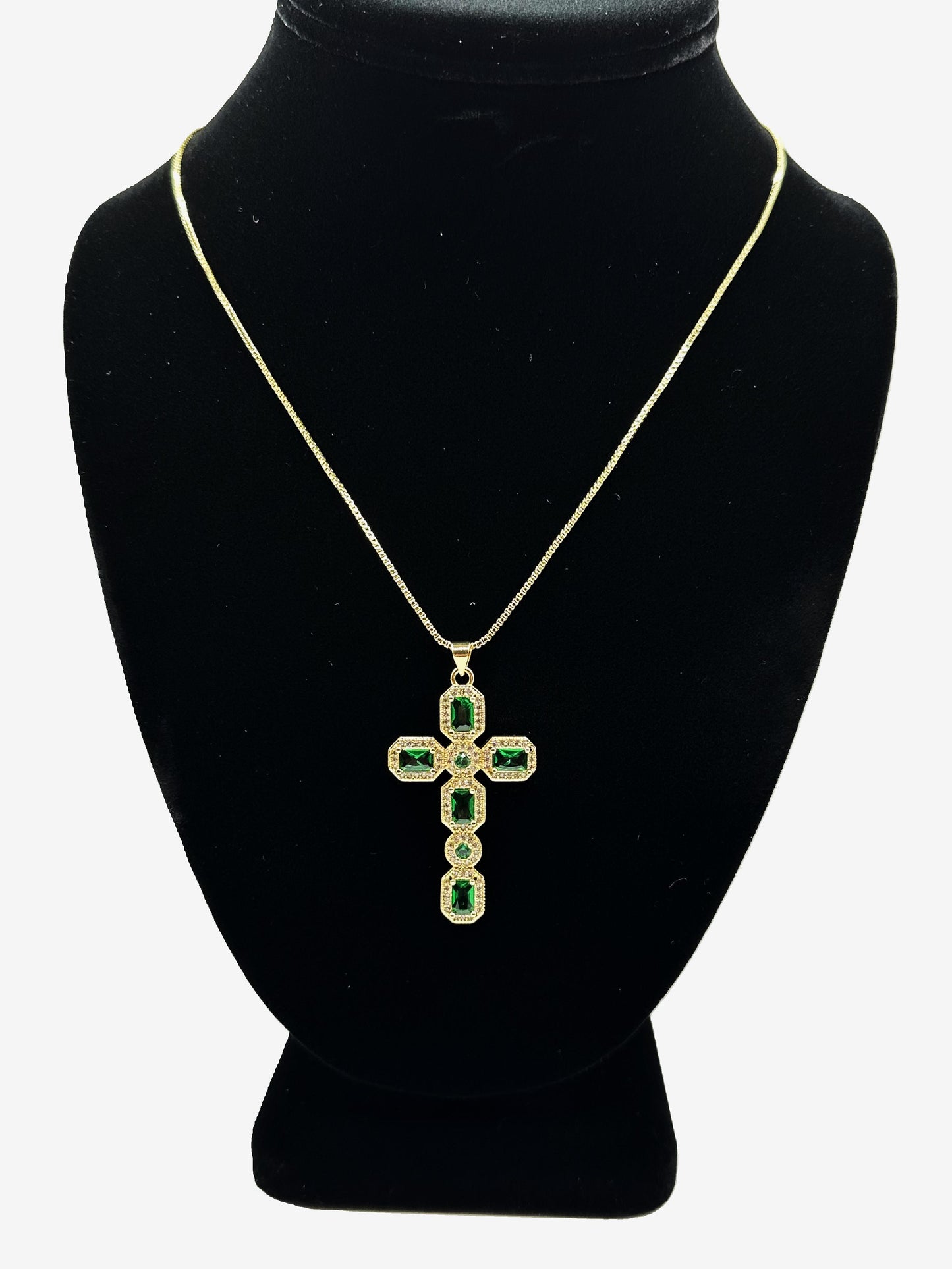 Green Rhinestone Cross Necklace(18k gold plated)