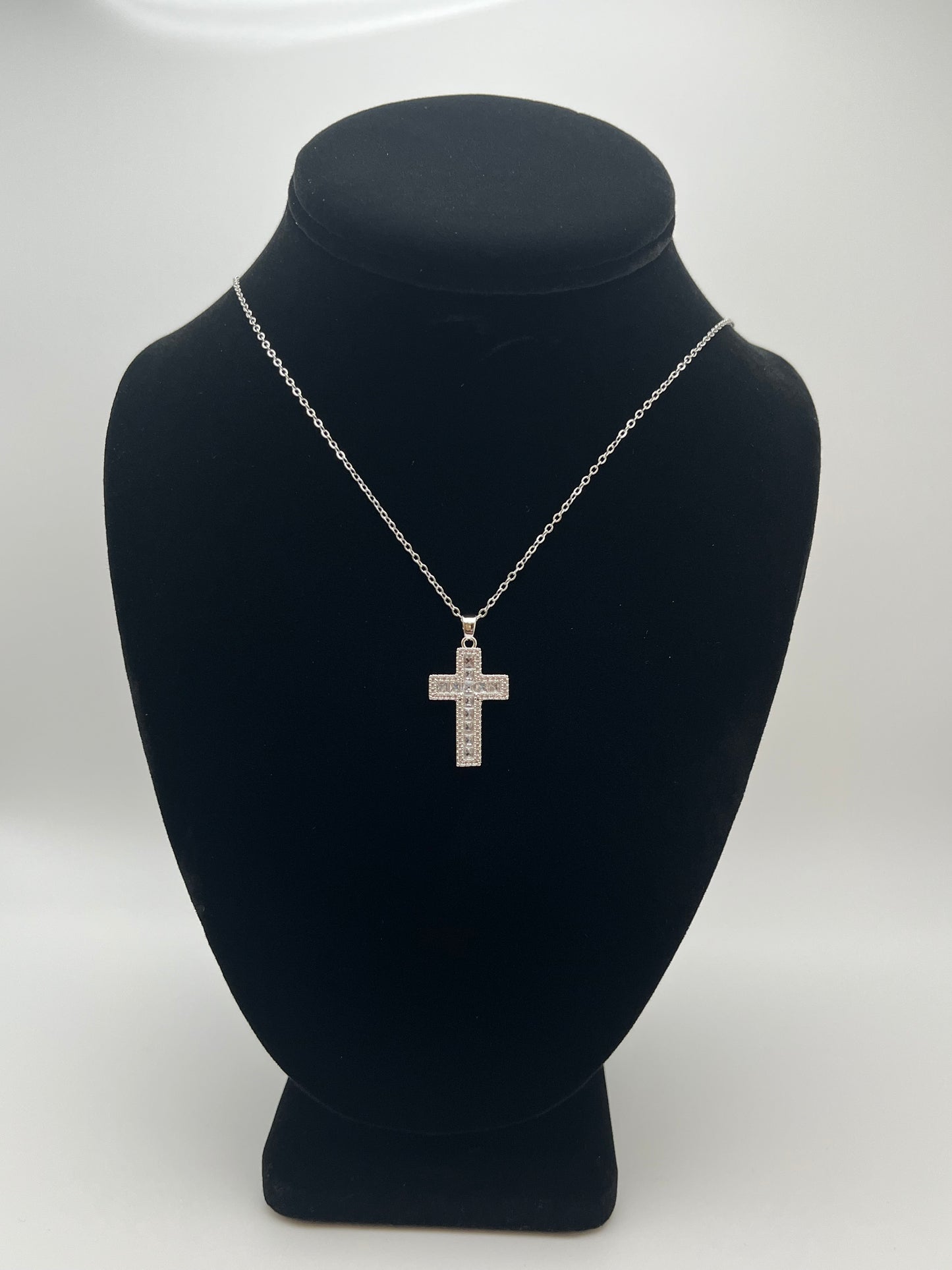 Silver Clear Rhinestone Cross Necklace For Men or Women