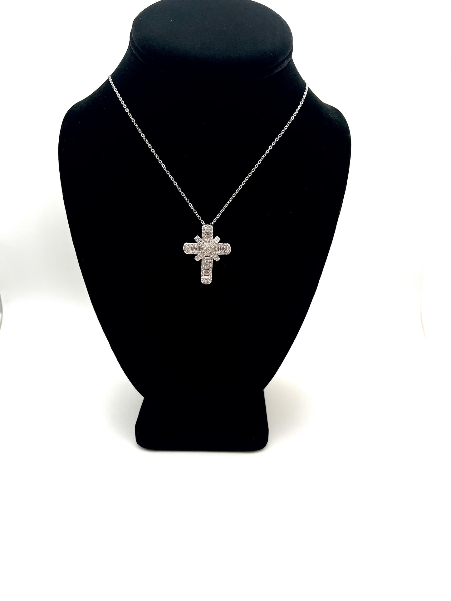 Silver Rhinestone Cross X Necklace