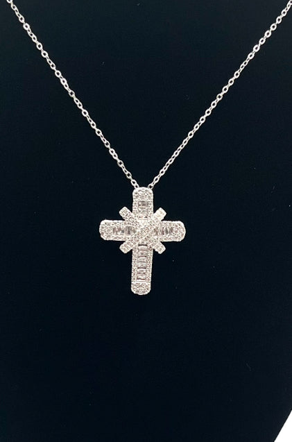 Silver Rhinestone Cross X Necklace