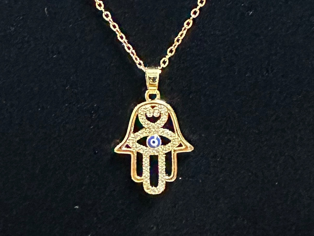 Gold Hamsa Hand w/ Evil Eye Necklace