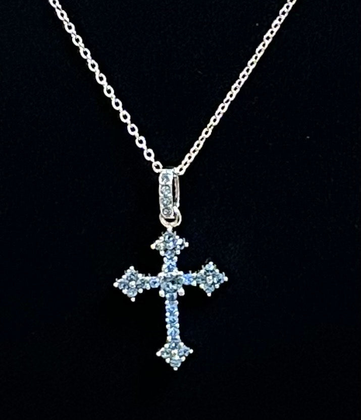 Sterling Silver Cross w/ Blue Rhinestones