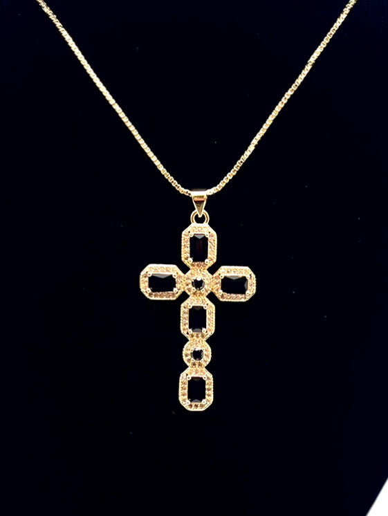Black Rhinestone Cross Necklace (18k gold plated)