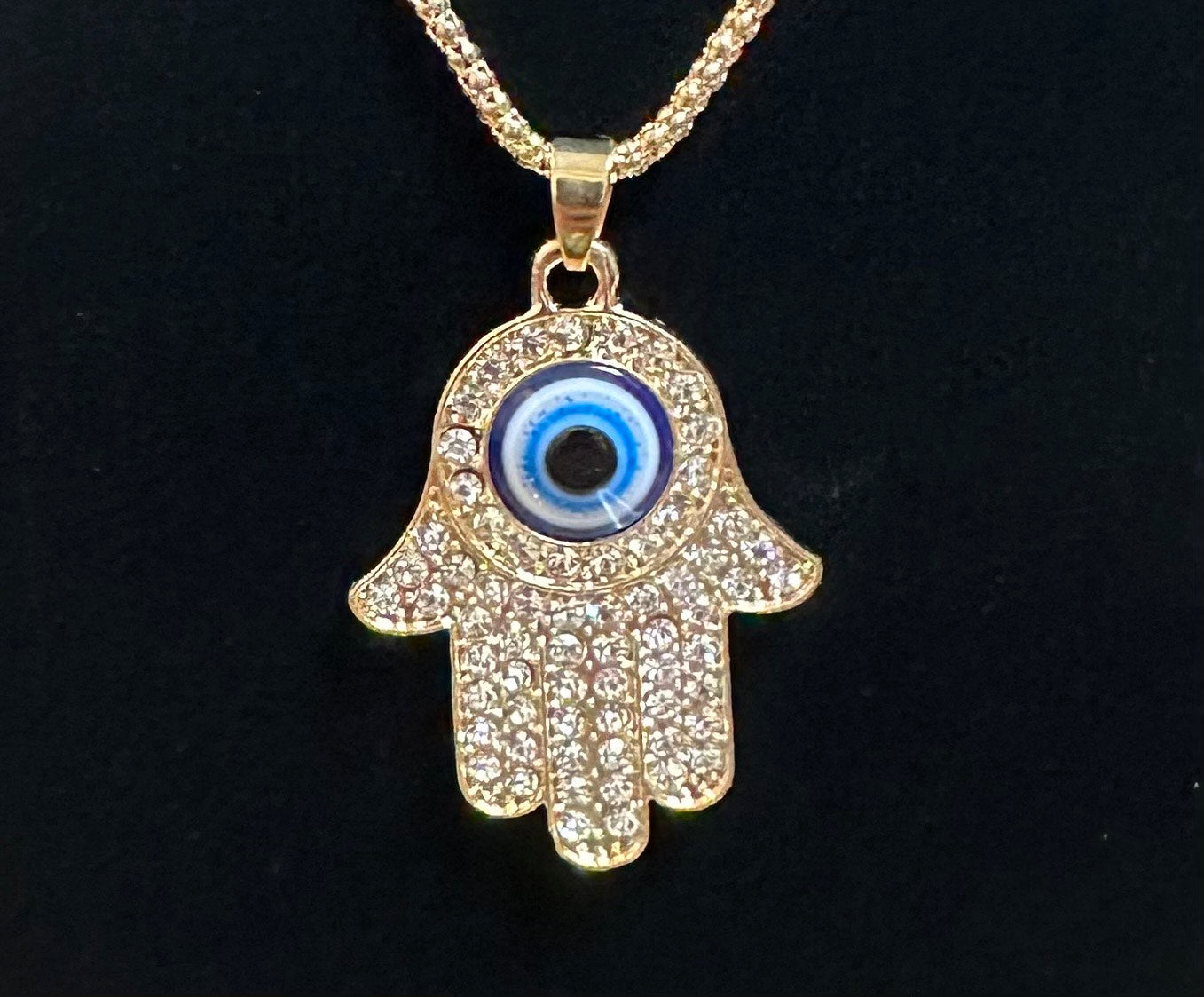 Rhinestone Hamsa Hand w/ Blue evil eye Necklace