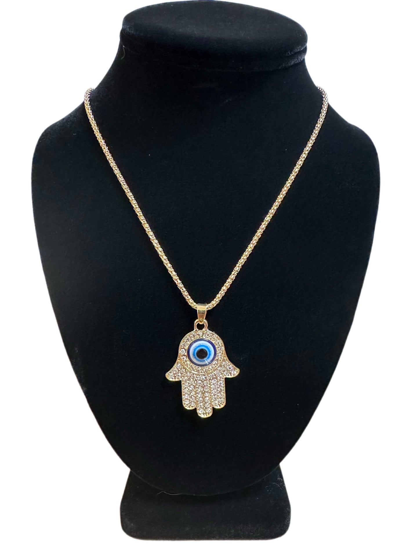 Rhinestone Hamsa Hand w/ Blue evil eye Necklace