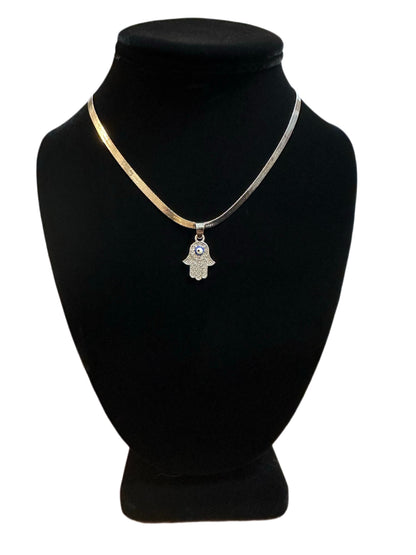 Rhinestone Hamsa Hand w/blue evil eye Necklace