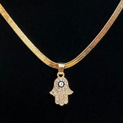 Rhinestone Hamsa Hand w/ black evil eye Necklace