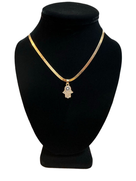 Rhinestone Hamsa Hand w/ black evil eye Necklace