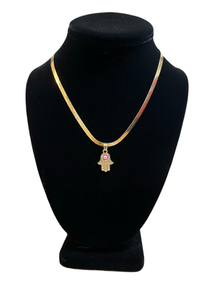 Rhinestone Hamsa Hand w/Pink evil eye Necklace