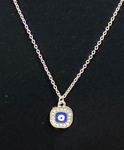 Square Rhinestone Blue Evil Eye Necklace