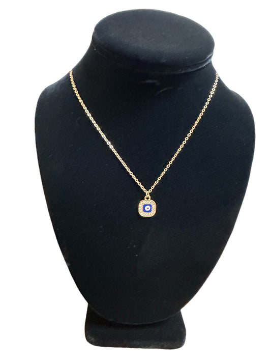 Square Rhinestone Blue Evil Eye Necklace