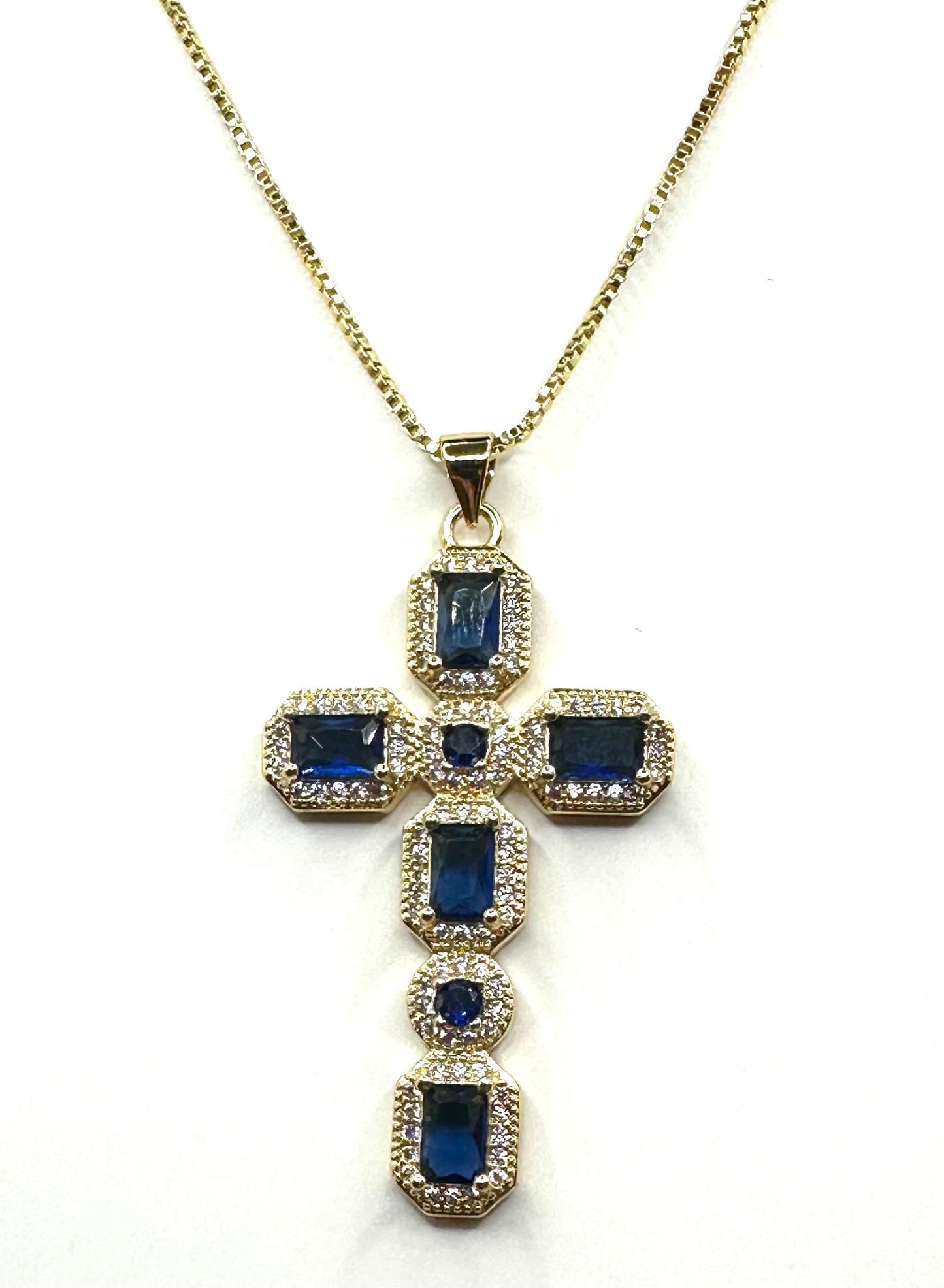 Sapphire Rhinestone Cross Necklace  (18k gold plated)