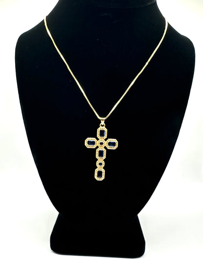 Sapphire Rhinestone Cross Necklace  (18k gold plated)