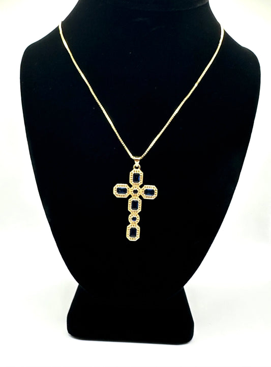 Sapphire Rhinestone Cross Necklace  (18k gold plated)