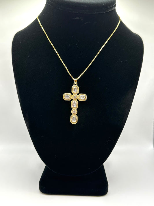 Clear Rhinestone Cross Necklace (18k gold plated)