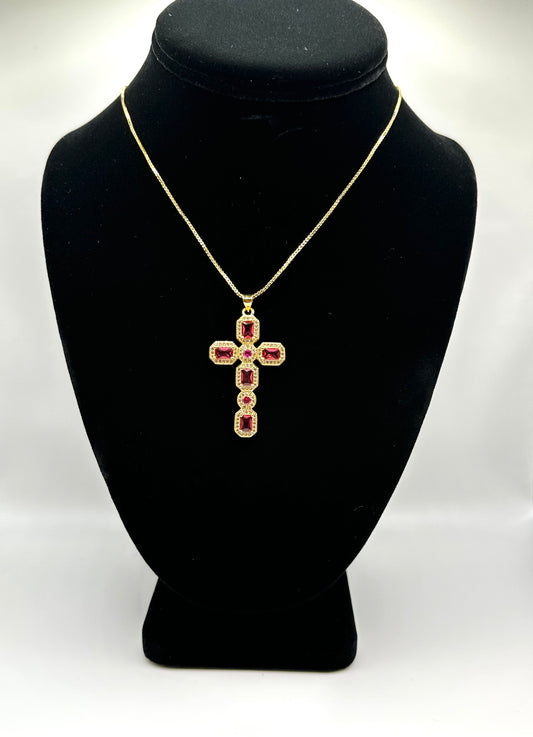 Red Rhinestone Cross Necklace(18k gold plated)