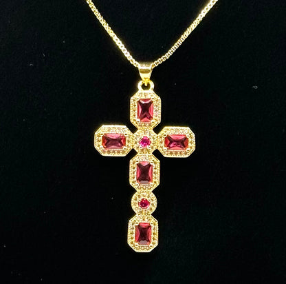 Red Rhinestone Cross Necklace(18k gold plated)