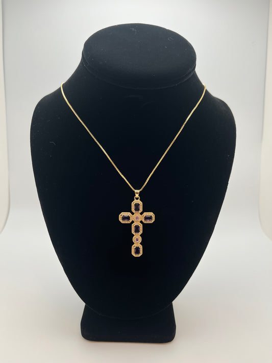Purple Rhinestone Cross Necklace (18k gold plated)