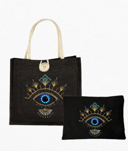 Evil eye Black Linen Purse w/ Make up Bag