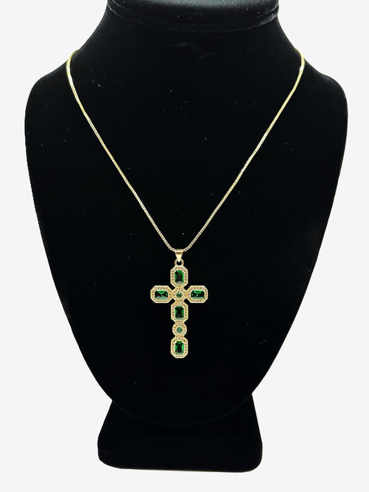 Green Rhinestone Cross Necklace(18k gold plated)