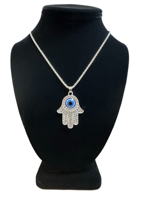 Rhinestone Hamsa Hand w/ Blue evil eye Necklace