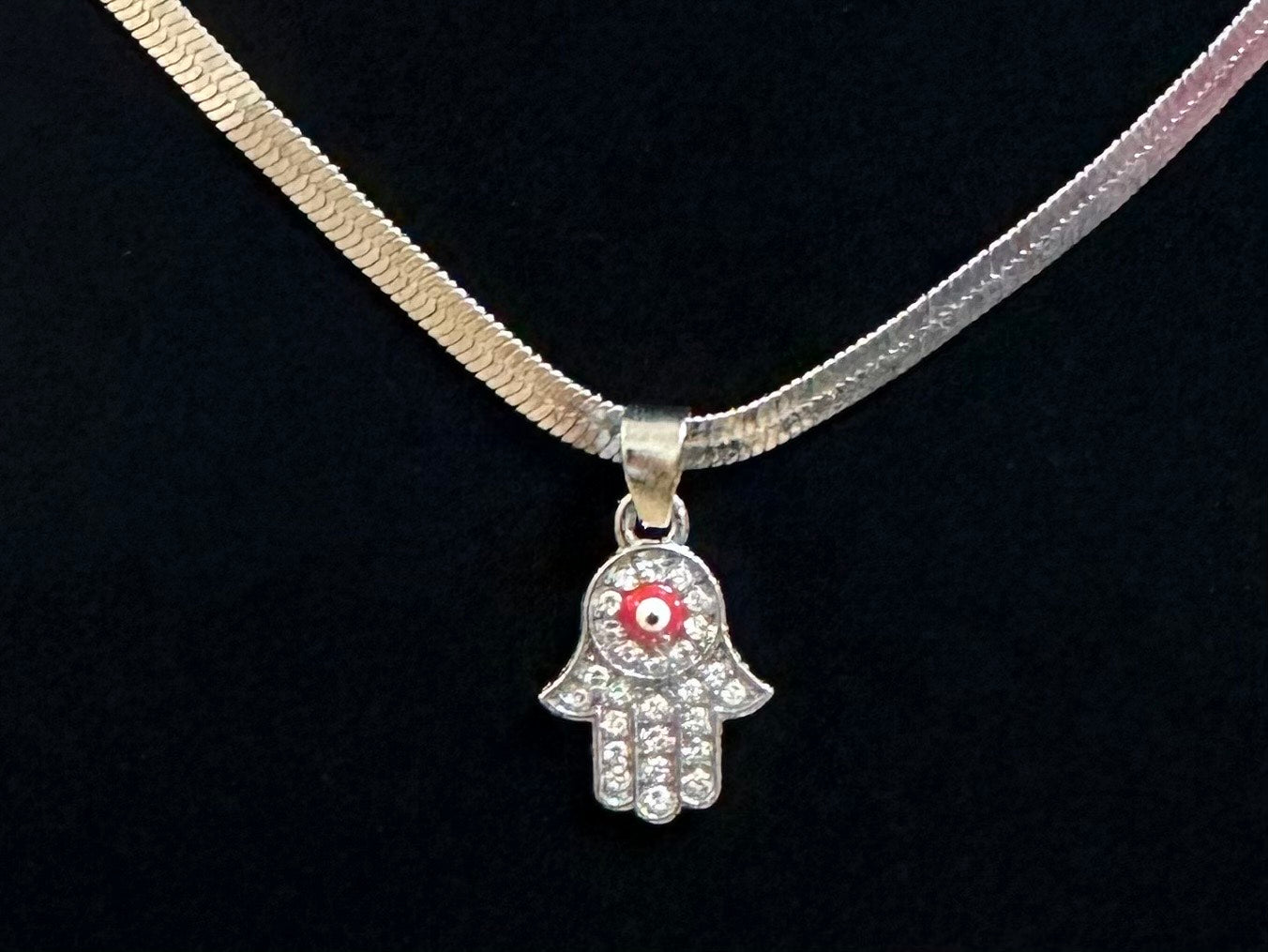 Rhinestone Hamsa Hand w/ Red evil eye Necklace