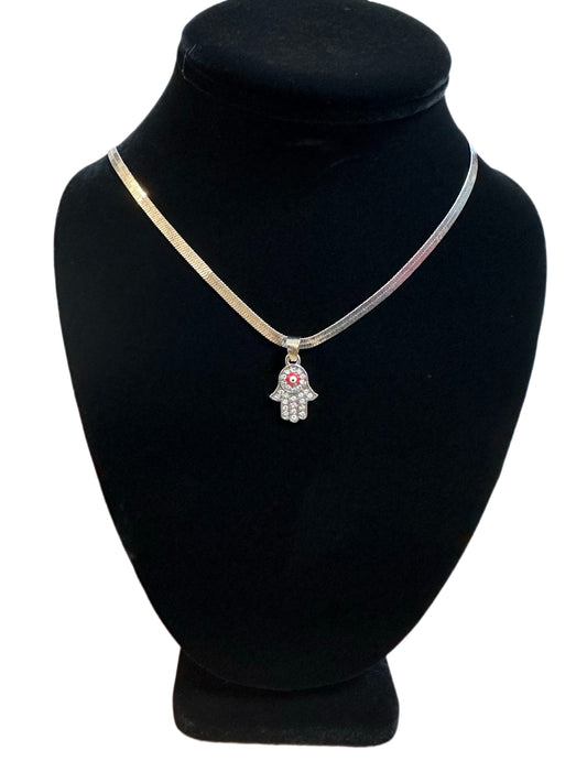 Rhinestone Hamsa Hand w/ Red evil eye Necklace